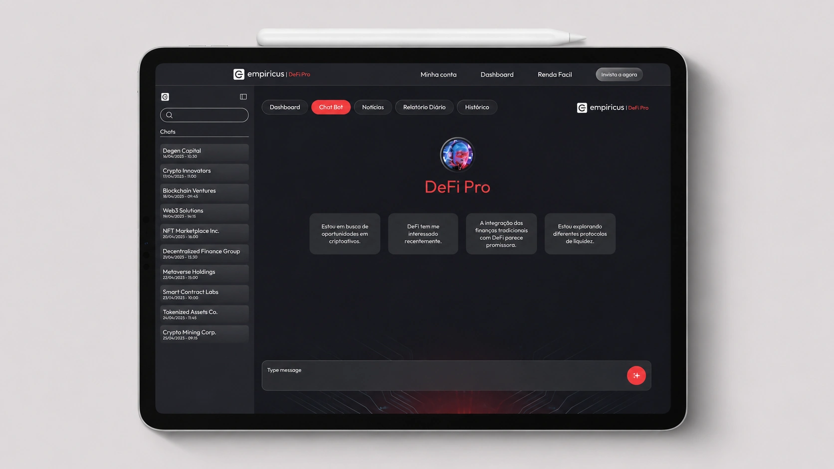Interface de chat bot do Empiricus DeFi Pro em tablet.