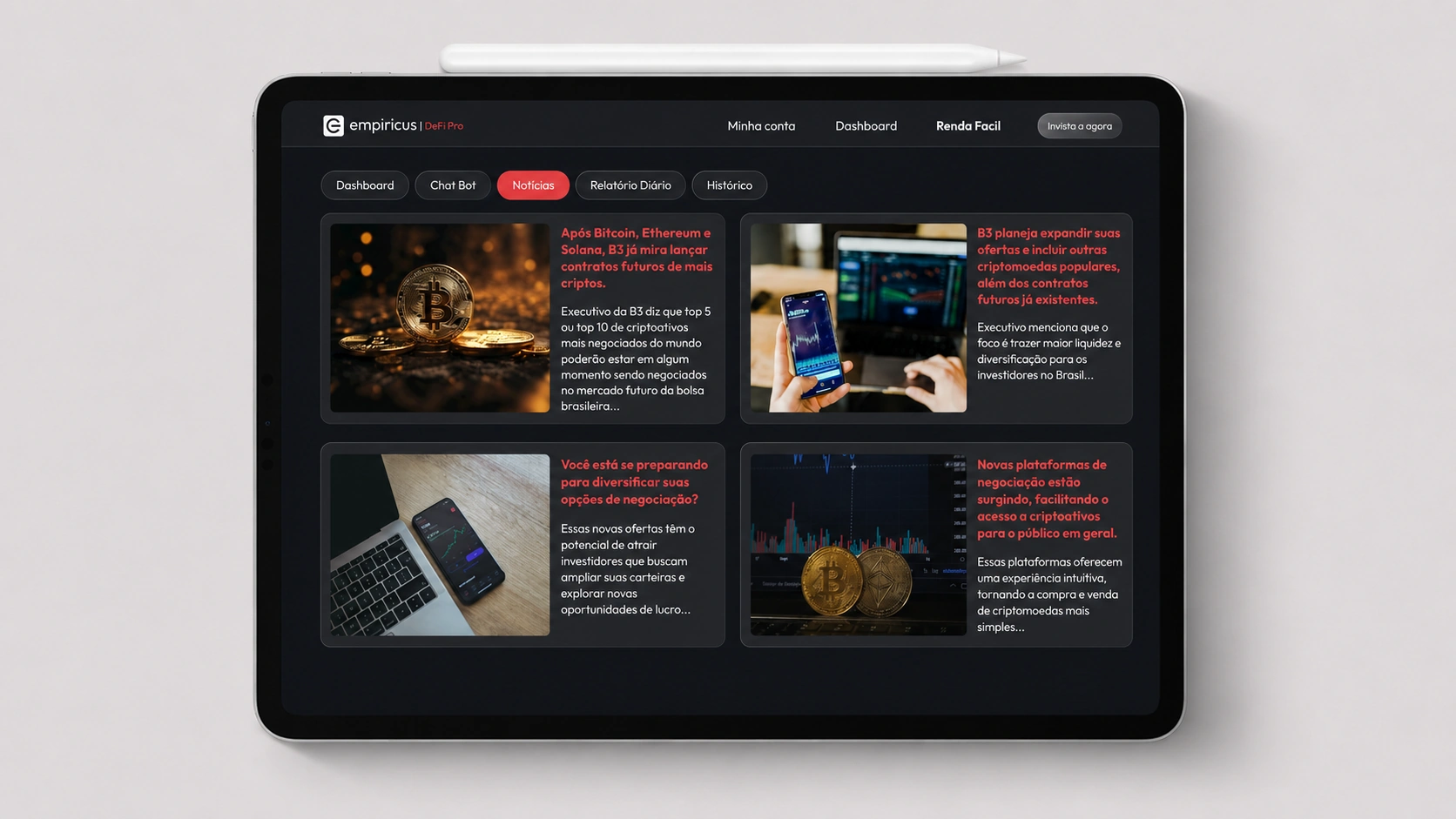 Tela de noticias do Empiricus DeFi Pro em tablet.